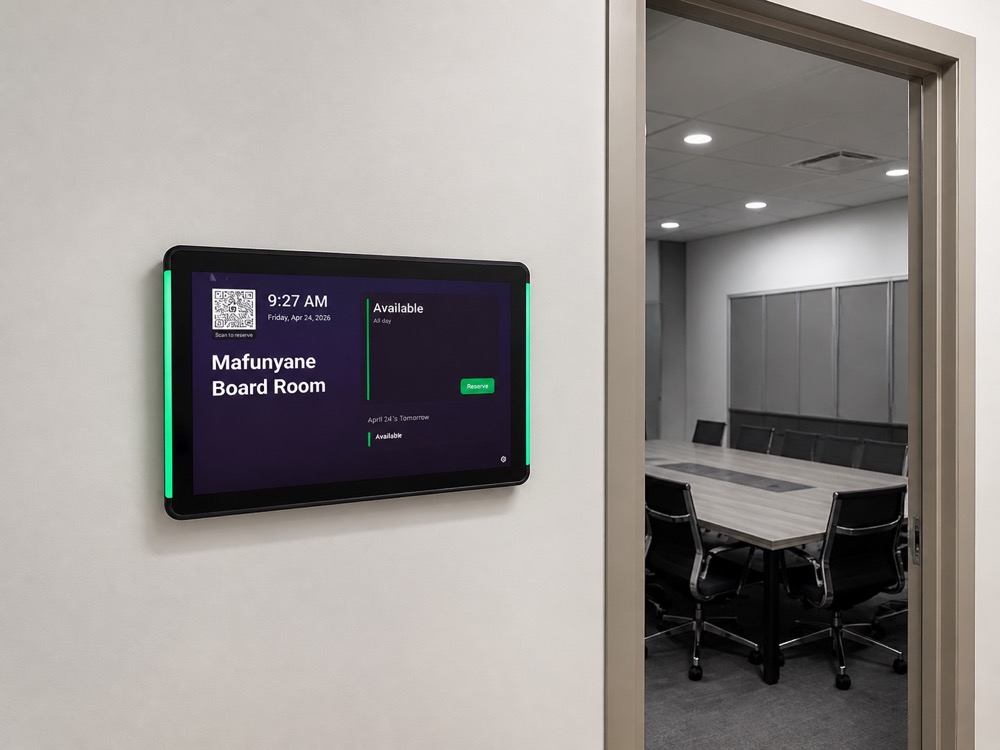 Mafunyane Board Room entrance with digital room-booking display